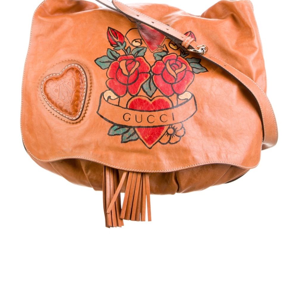 Gucci Brown Leather Shoulder Bag with Heart and Rose Motif
